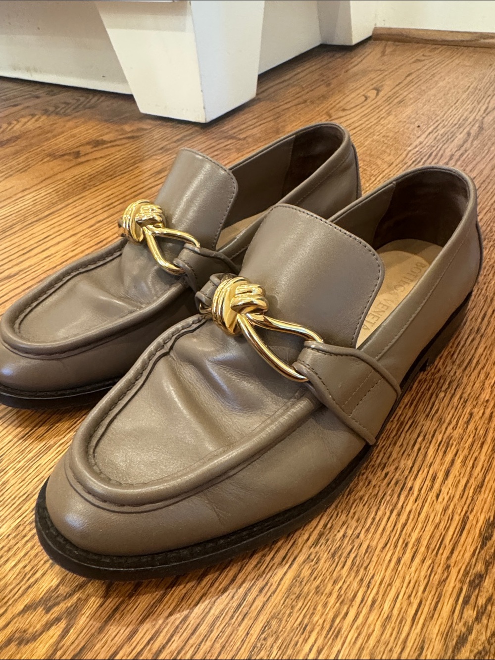 Bottega Veneta Taupe Leather Loafers with Gold Knot Hardware - Picture 4 of 7